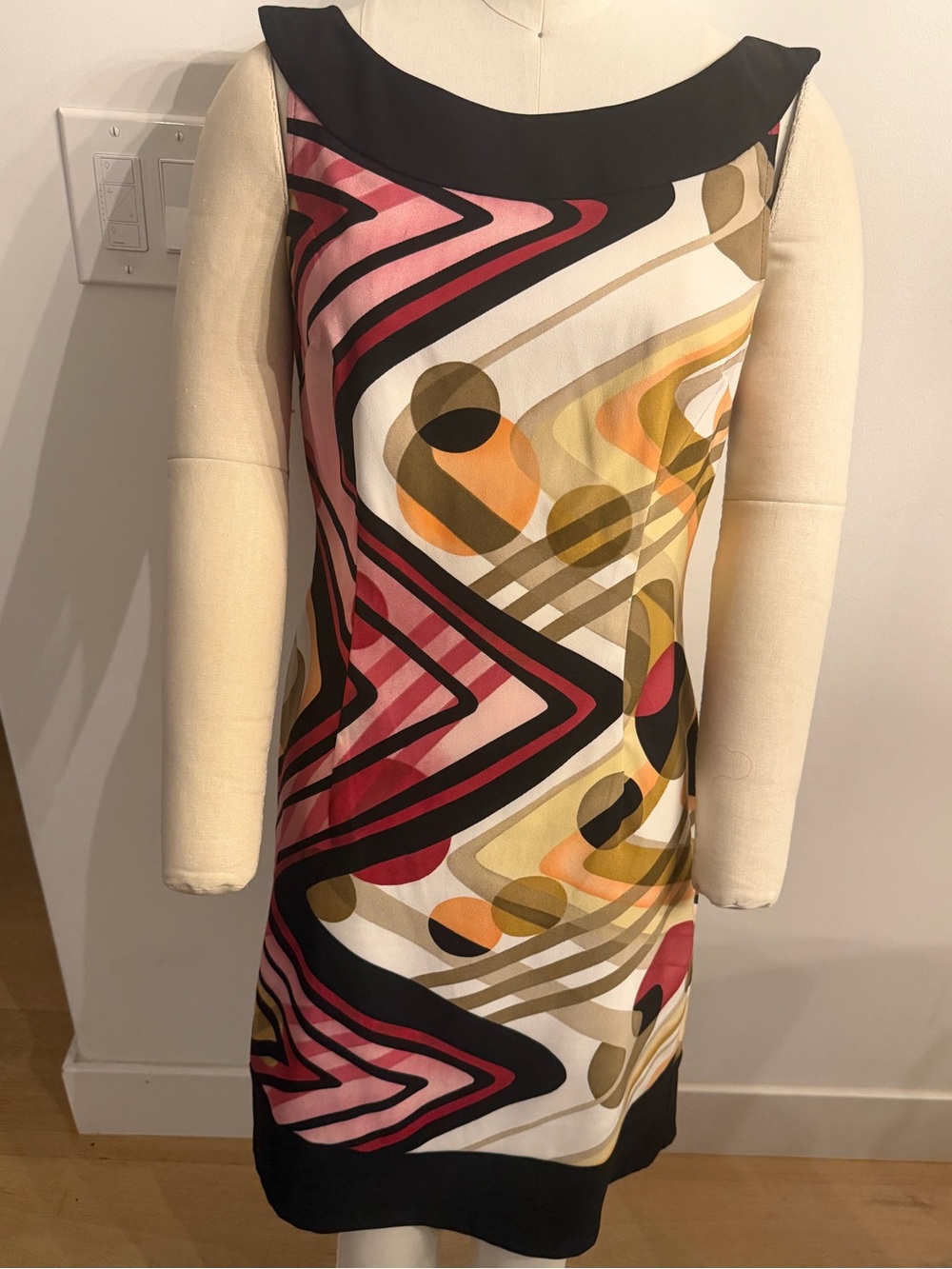 connected apparel Geometric Abstract Shift Dress in Pink, Gold, Black, Cream